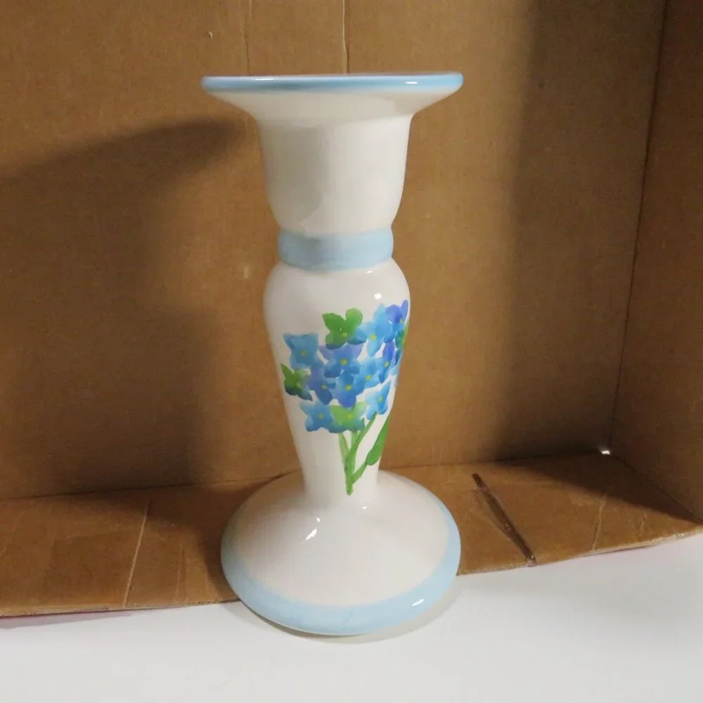 Hand painted Hibiscus Blue Flower Ceramic (1) Candlestick (one sided)